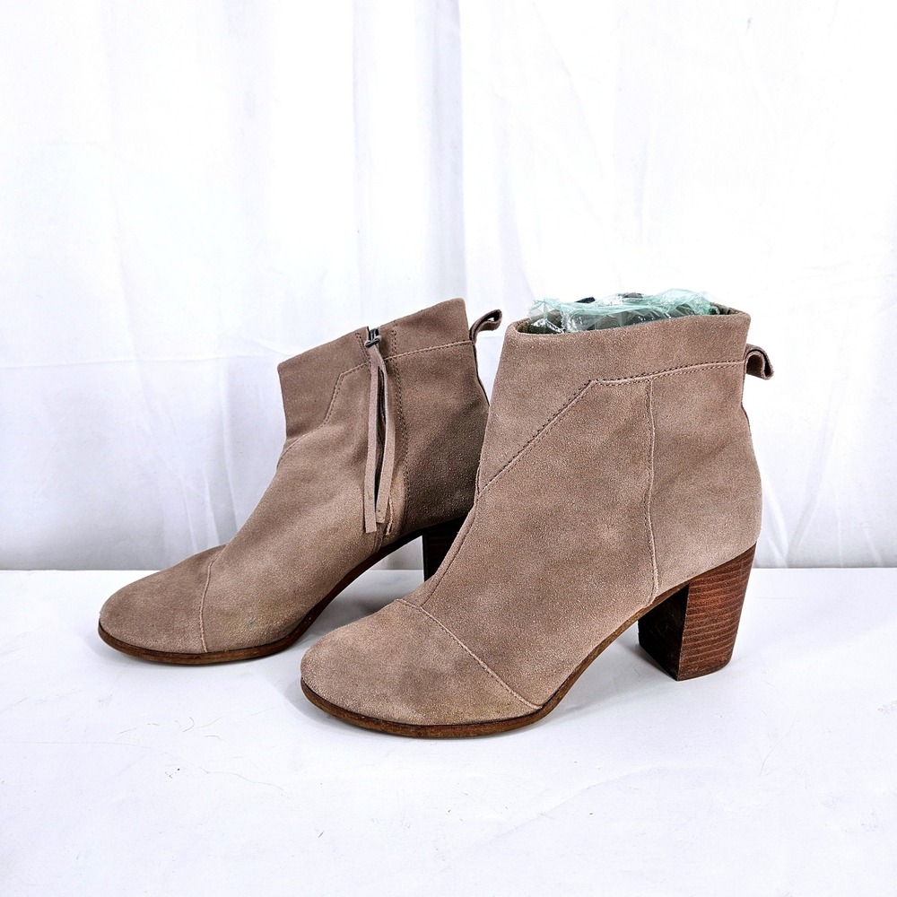 TOMS Women Taupe Tan Suede Lunata Bootie Ankle Boots‎ Size 10 Stacked Heel Zip
